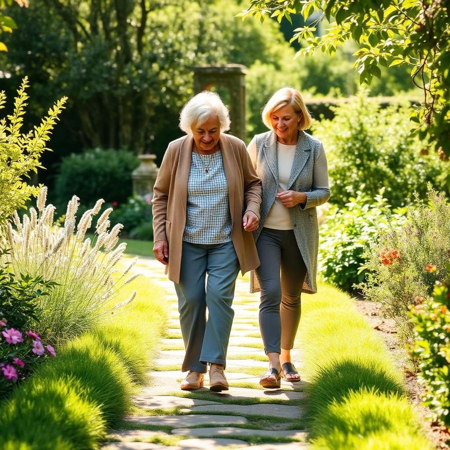 Two women walking together on a sunlit garden path