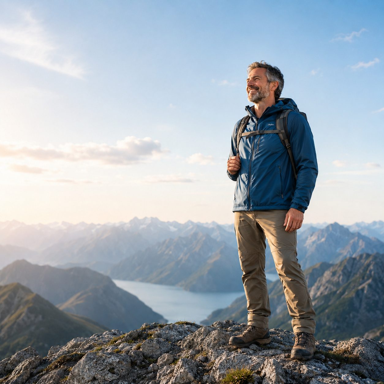 Confident hiker standing at the top of a mountain at sunrise
